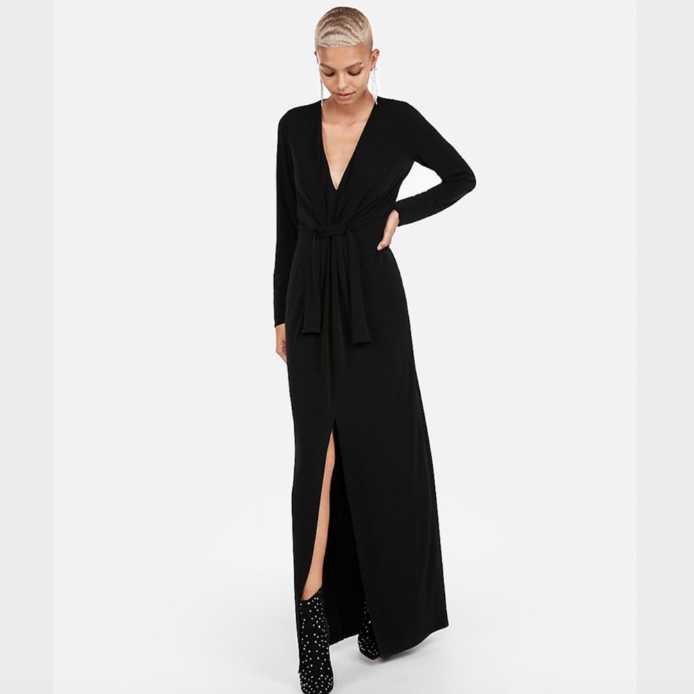 NWT Express Plunging Knot Front Maxi Dress Black Women’s XXS